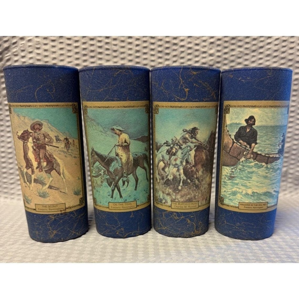 VTG (4) Jim Beam Remington & Russell Textured Spaghetti Glasses Western‎ Cowboy